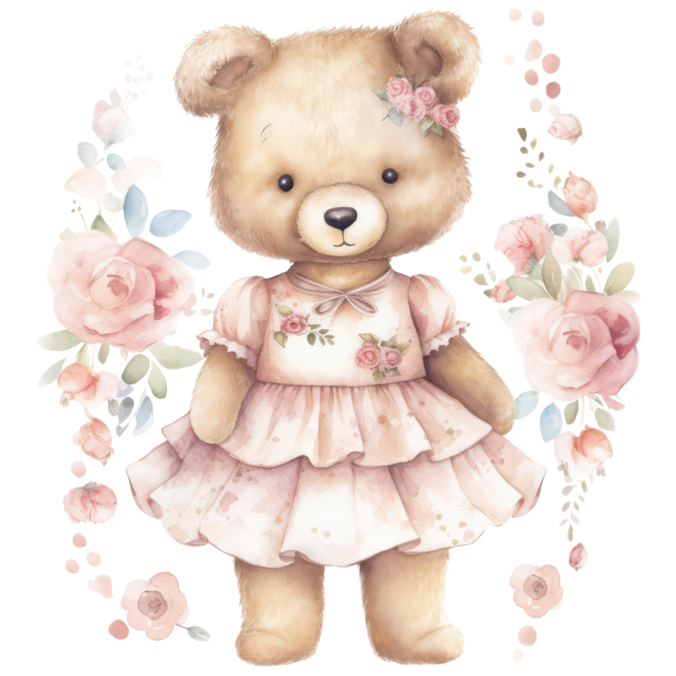 Cute Girl Teddy Bear watercolor t-shirt design, transparent background, png