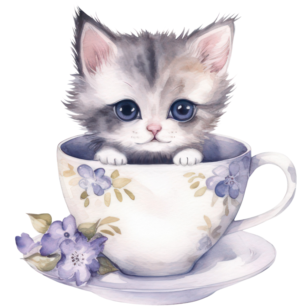 Cute Teacup Kitten watercolor tshirt design, transparent background