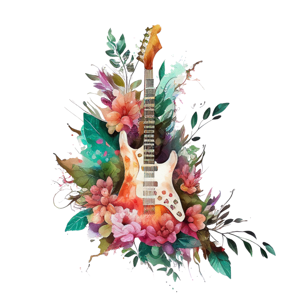 lindo elétrico guitarra sublimação aguarela camiseta projeto, transparente fundo, ai gerado png