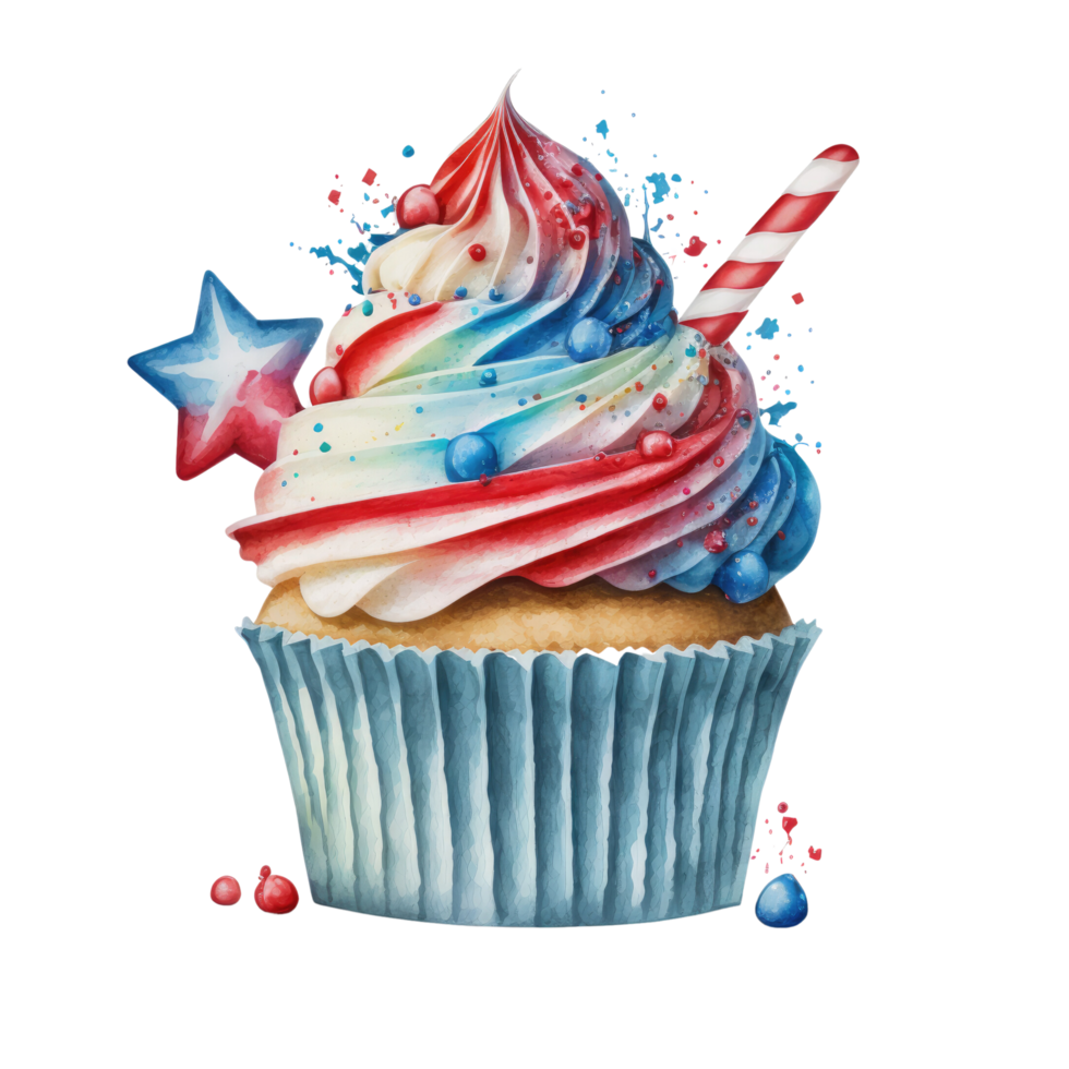 4th of July cupcakes set sweets food. USA happy independence day icing muffin with red and blue stars, flag, cylinder hat png