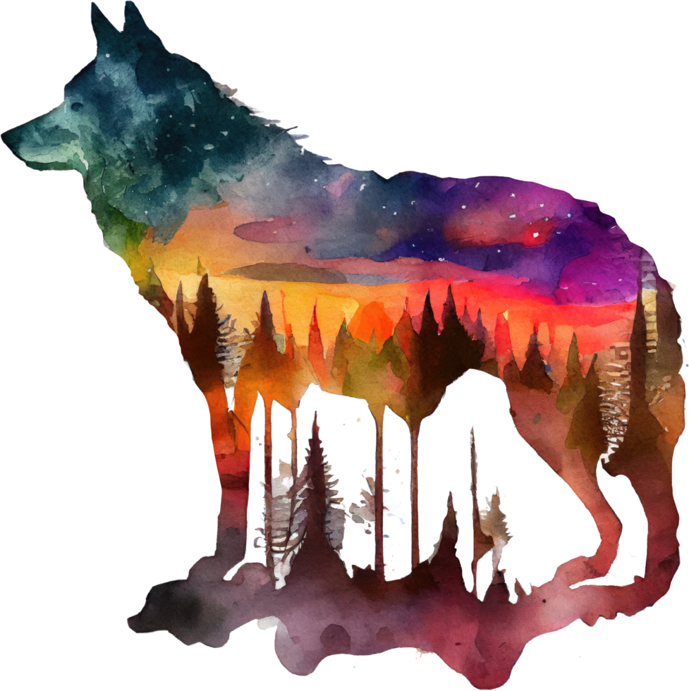 abstract Woud wolf sublimatie waterverf t-shirt ontwerp, transparant achtergrond, ai gegenereerd png