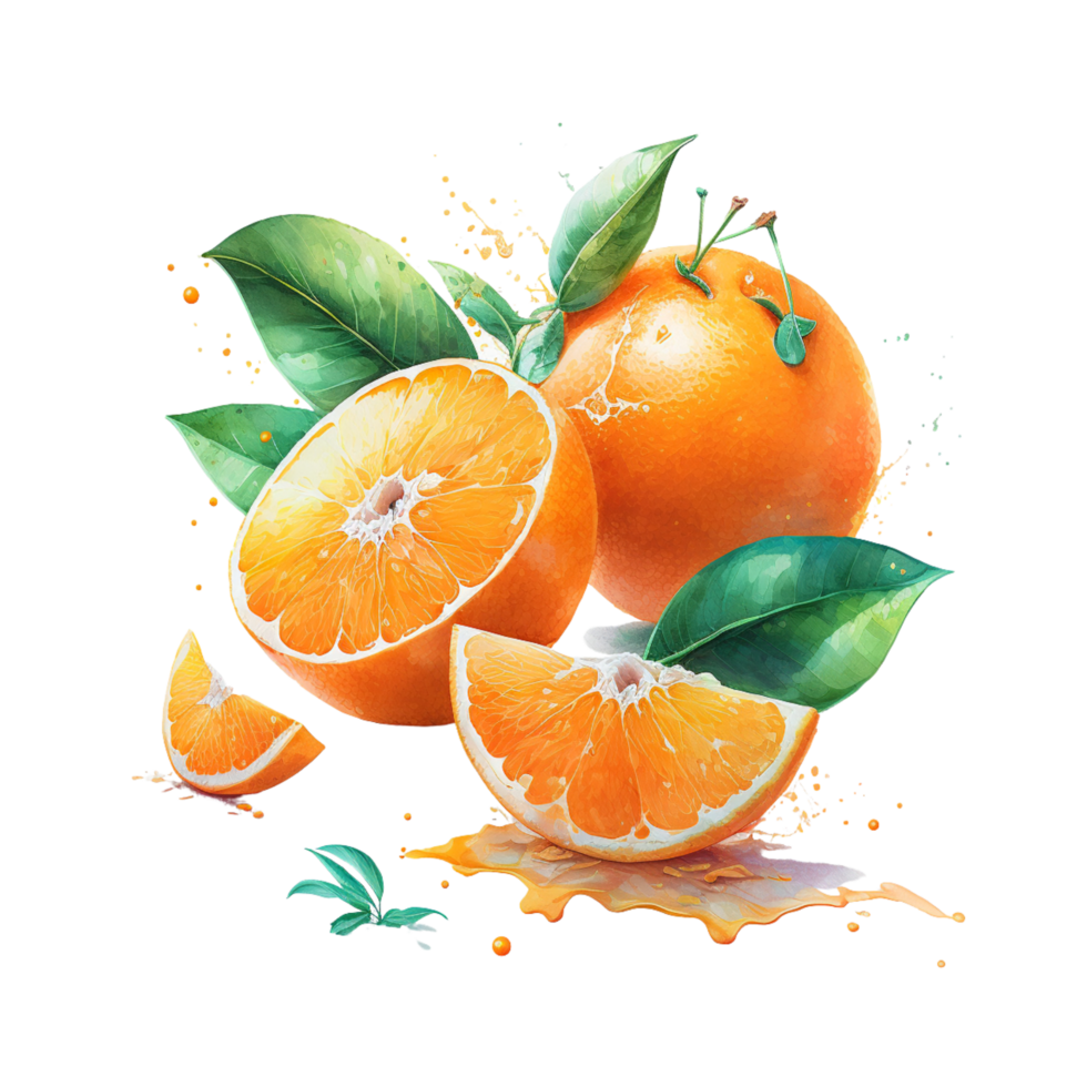 Watercolor oranges fruits. Citrus set with half ,slices and orange juice png