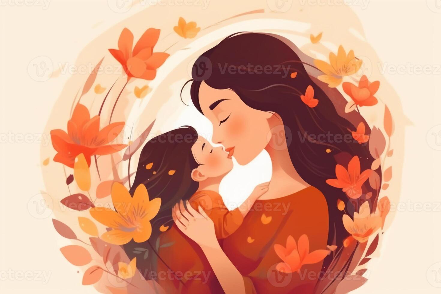 Illustration of mother with her little child, flower in the background. Concept of mothers day, mothers love, relationships between mother and child. photo