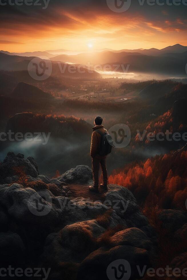 a man is standing on a mountain. photo