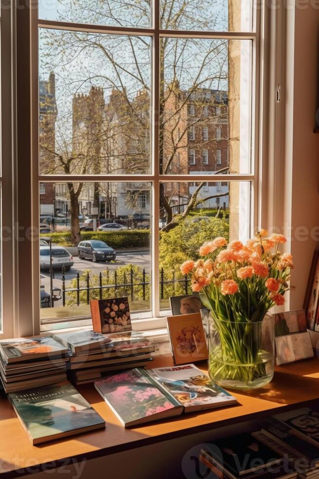 A photo of photobooks next to a big window.