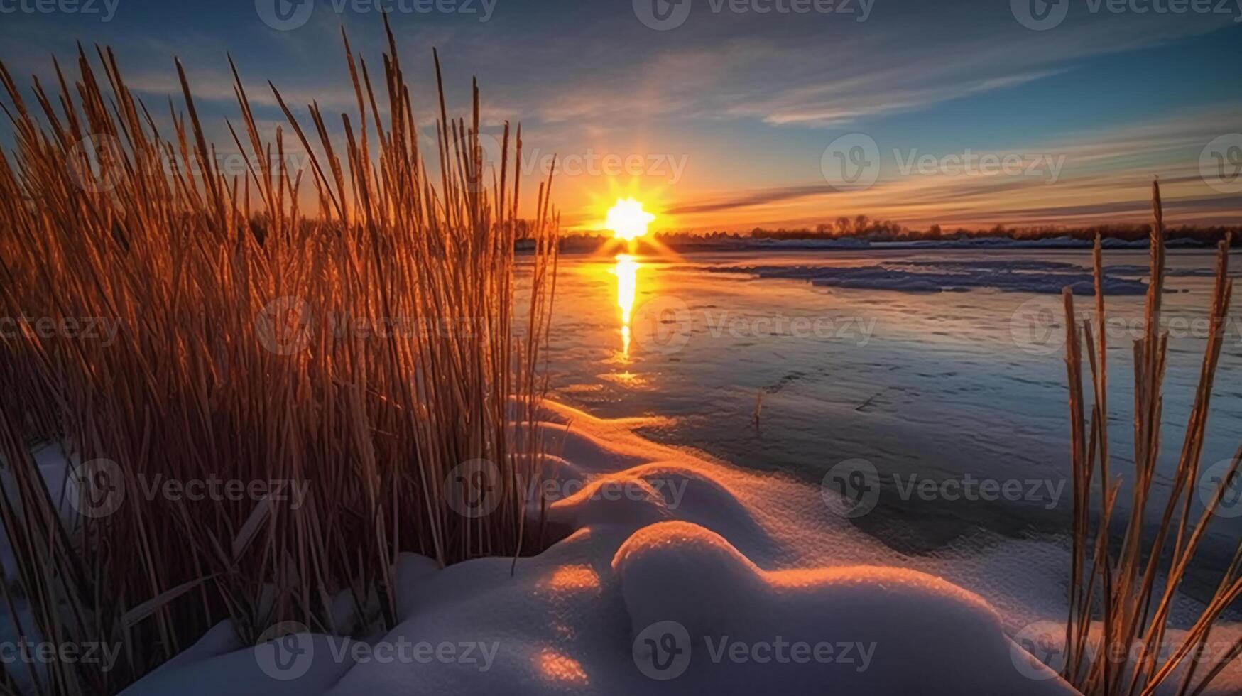 Sunset above the reeds at the edge of the lake. photo
