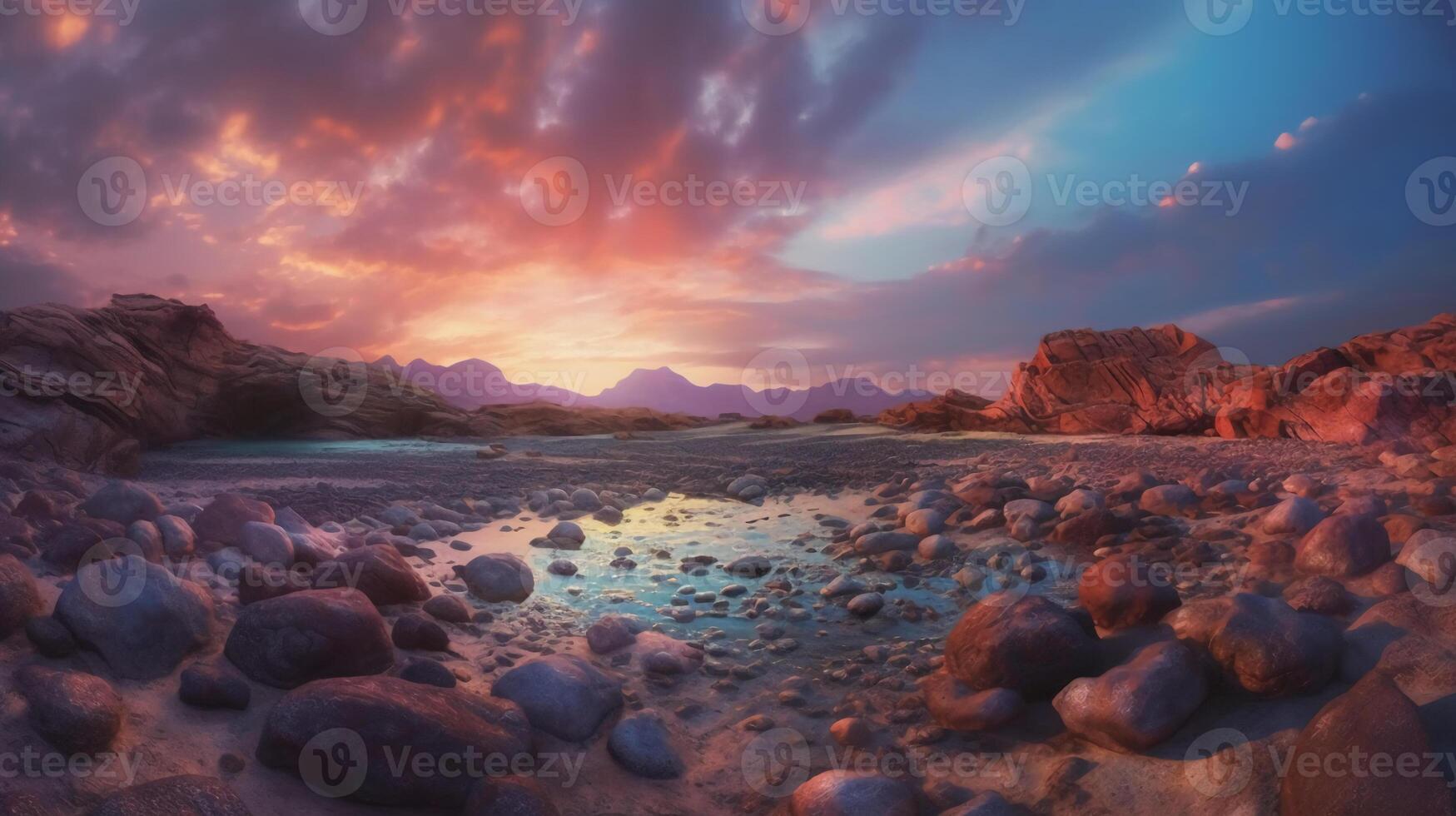 Rainbow sky, red sea of stone. photo
