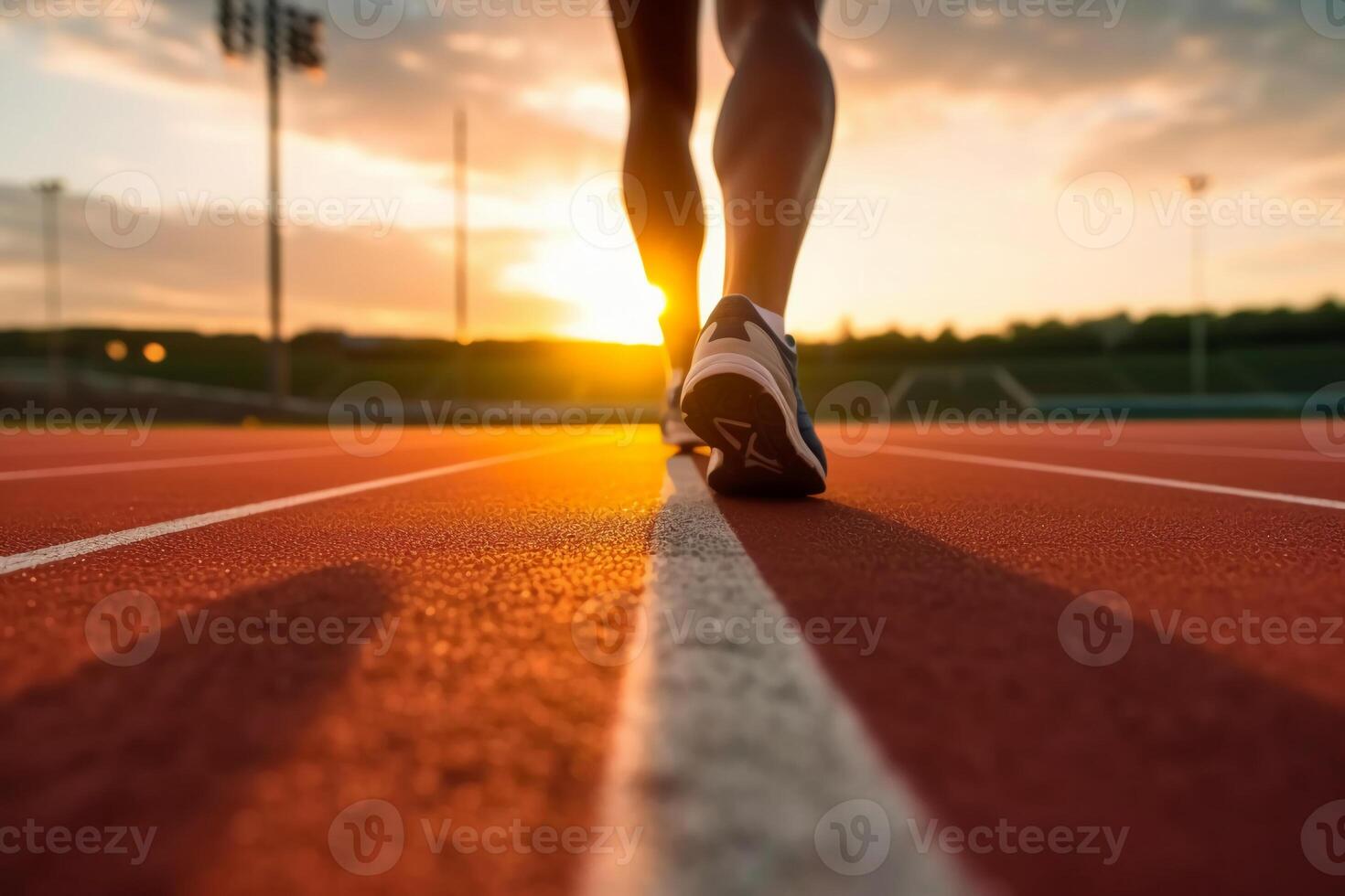 Runners feet in a athletic running track. Young man athlete training at sunset. photo