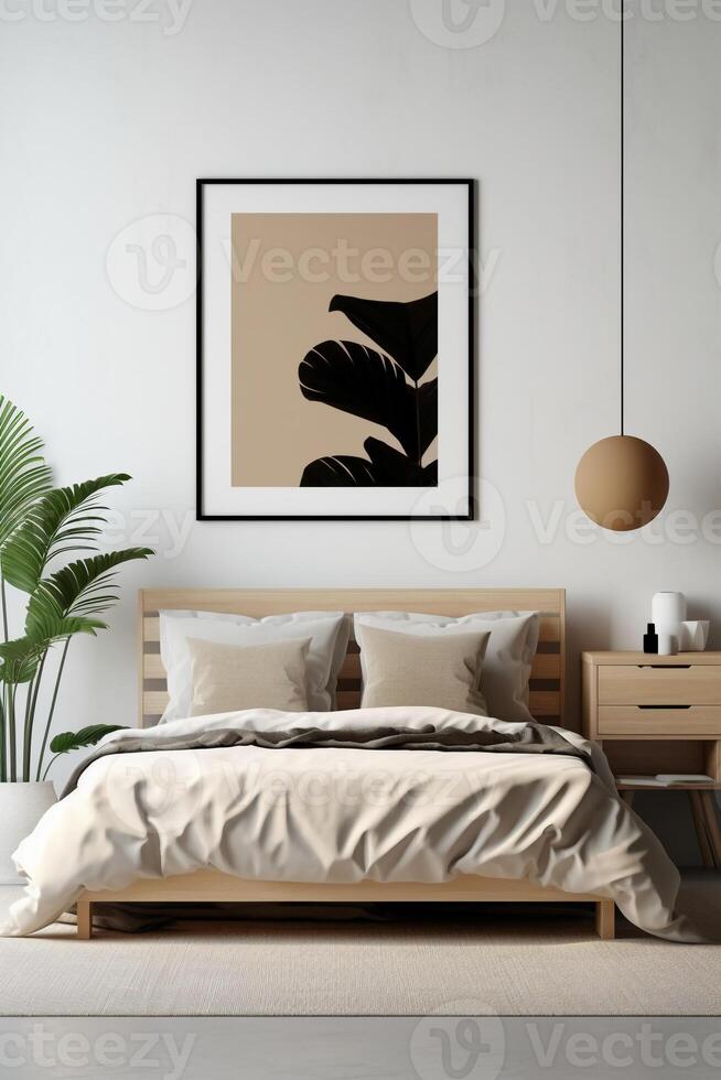 Blank white photo poster frame with black edge in modern, luxury beige brown bedroom, wood head board bed, gray blanket, pillow, bedside table, palm houseplant in sunlight.