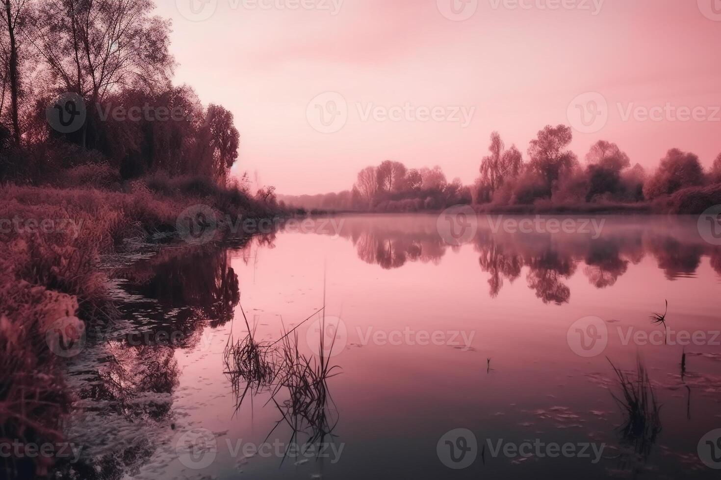 A scene in which the entire pink sky is reflected in the water. photo