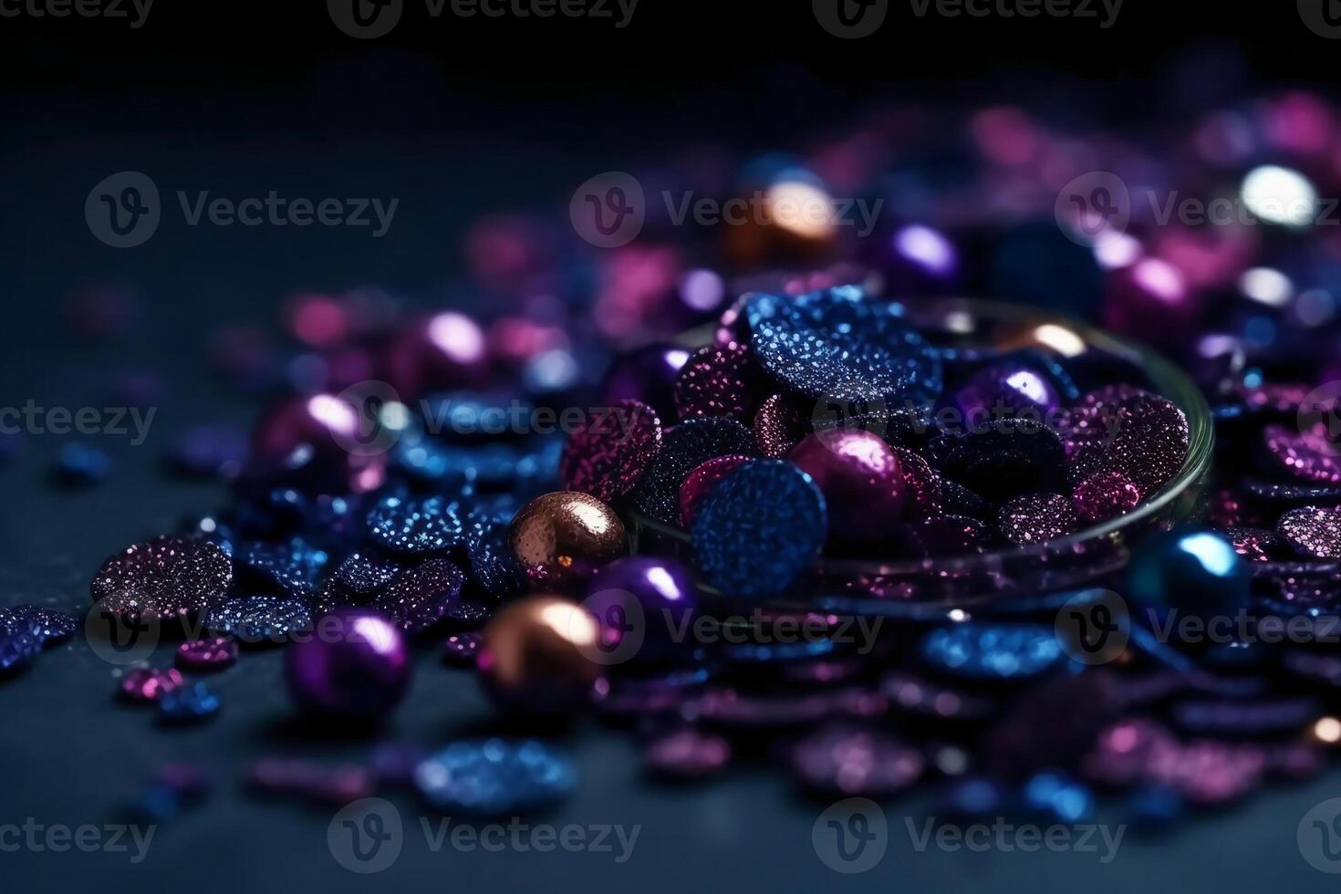Sparkling Glitter abstract background dark purple saturated color, de - focused, macro. Sequins fall and sparkle, round bokeh. photo