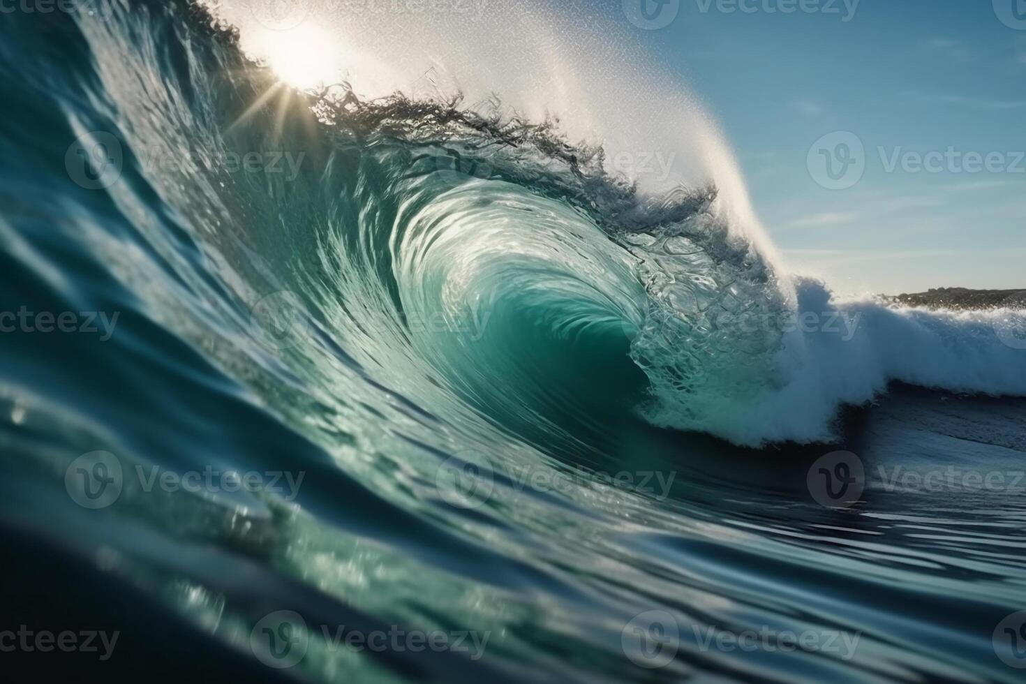 tropical azul surf ola. Brillo Solar en el ola barril. No gente. hermosa profundo azul tubo ola en el océano. ai generativo foto