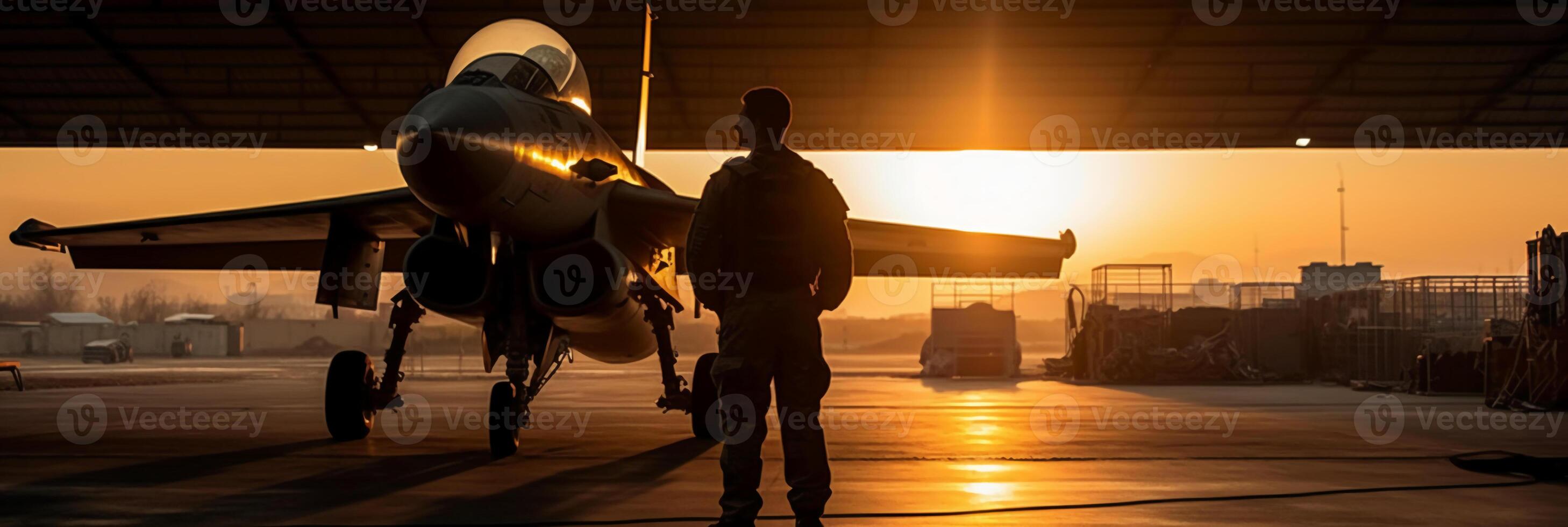 Sunset backlit view of military fighter jet pilot beside parked military airforce plane next to barracks or hangar as wide banner with copyspace area for world war conflicts. photo