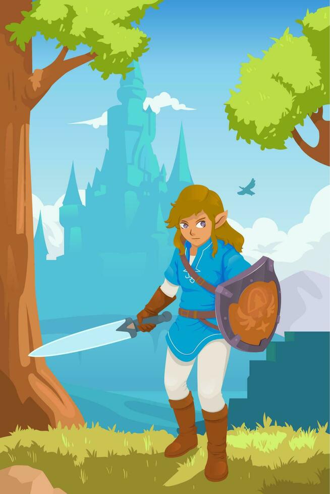 Elf Warrior with Castle Scenery Concept vector