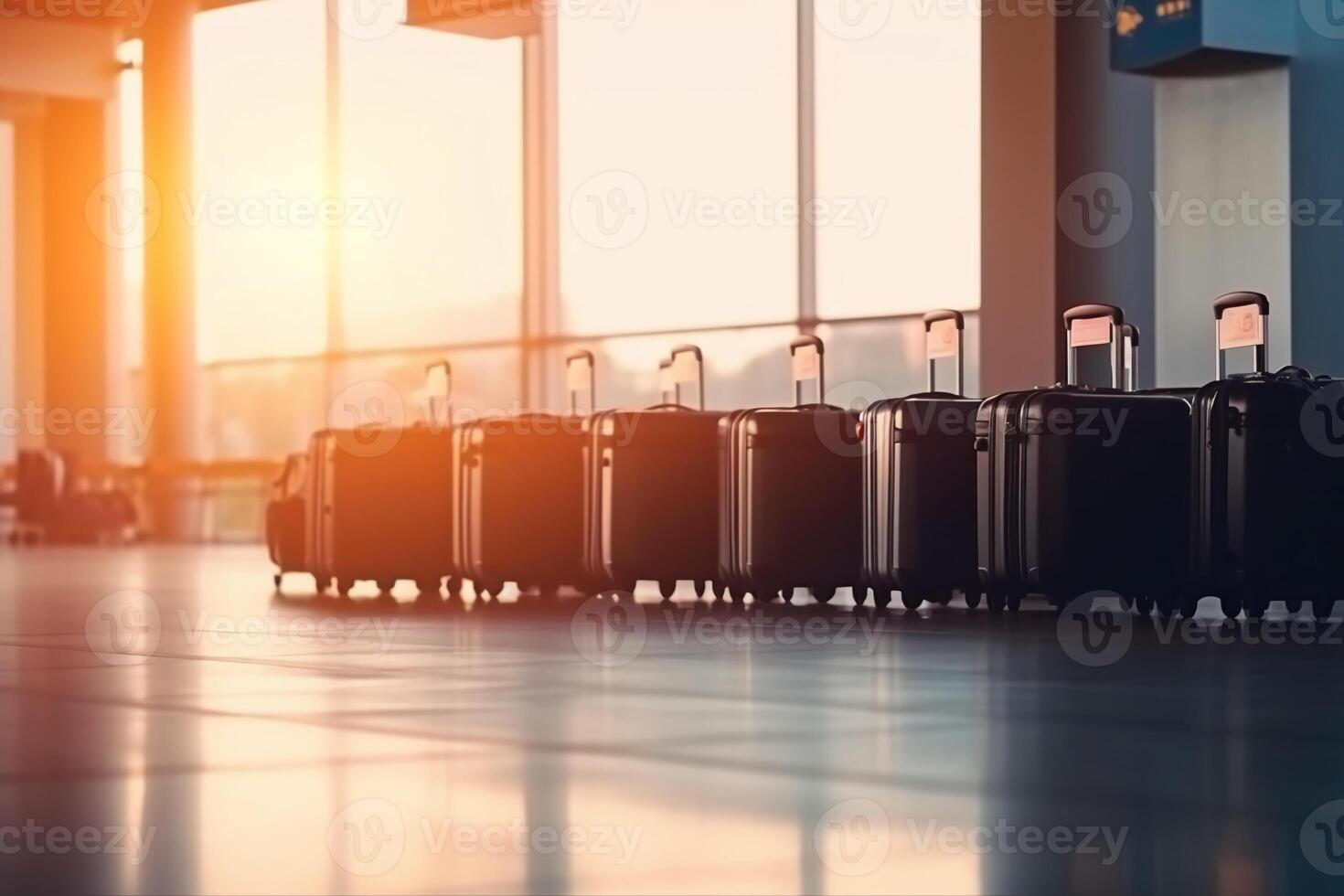 Luggage suitcases at the airport wide banner with copy space area for vacations and holiday travel concepts. AI Generative photo
