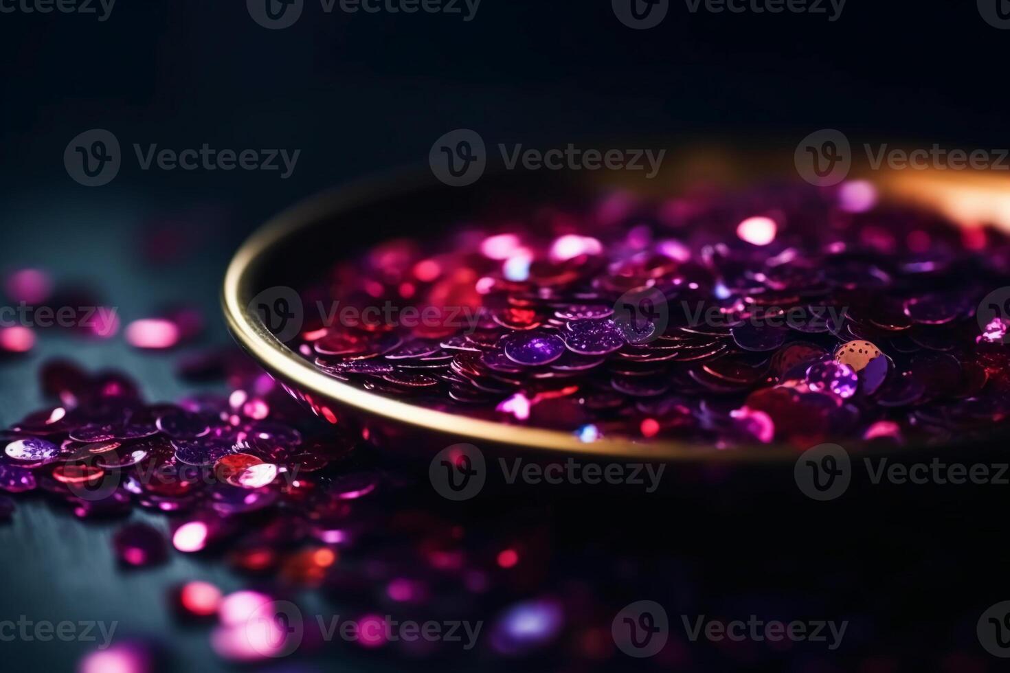 Sparkling Glitter abstract background dark purple saturated color, de - focused, macro. Sequins fall and sparkle, round bokeh. photo