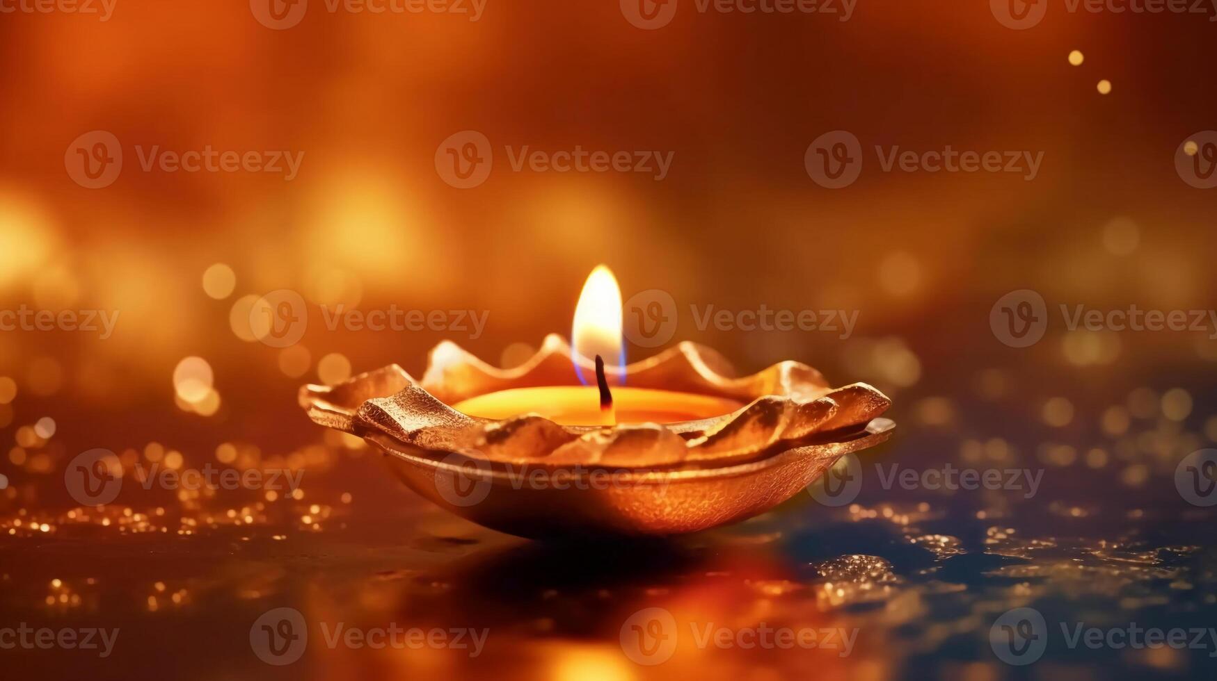 A Diya oil lamp, Diwali concept, blurred Hindu festival of lights celebration background. photo