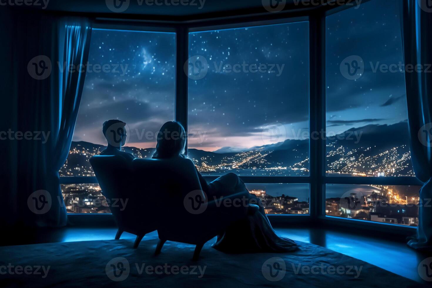 el espalda de un Pareja sentado por el hotel ventana, el ver mediante el ventana es un estrellado noche. ai generativo foto