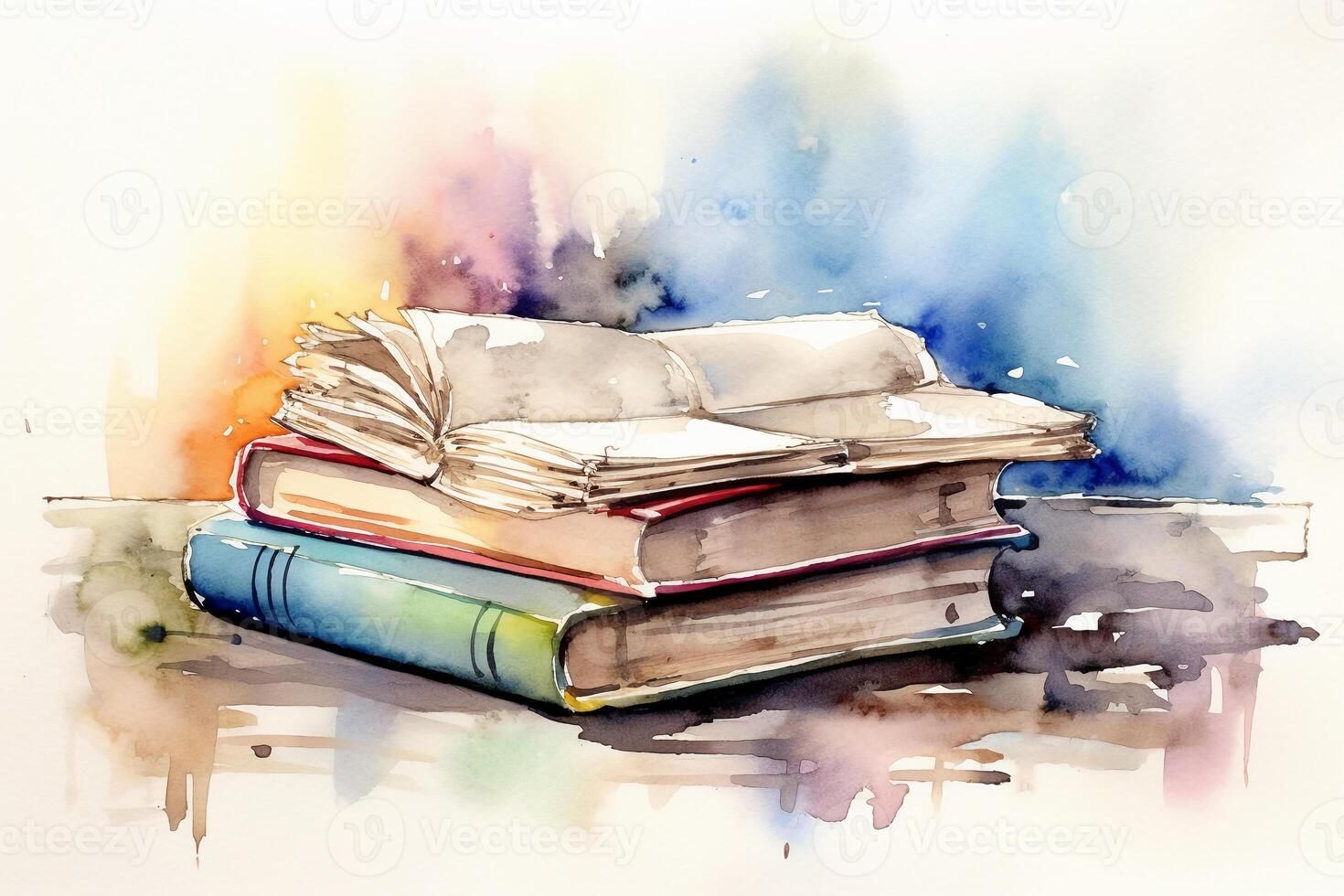 Open book on table in watercolor painting style. photo