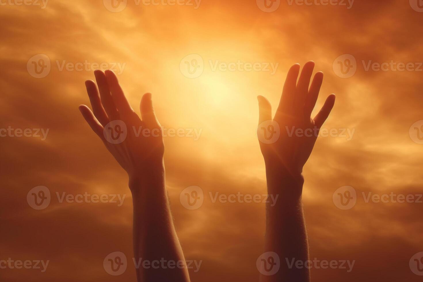 Human hands open palm up worship with faith in religion and belief in God on blessing background. photo