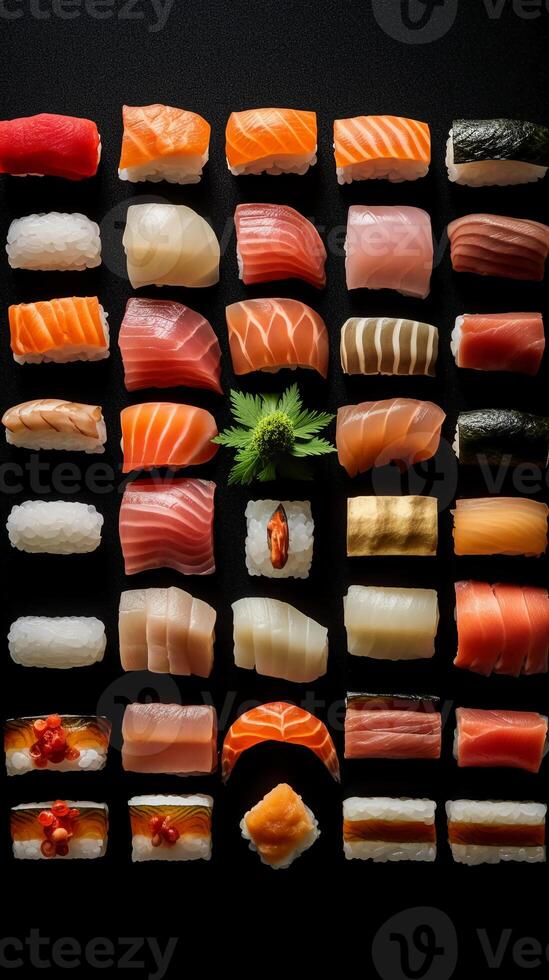 Sushi, deconstructed masterpiece, vibrant fish slices. photo