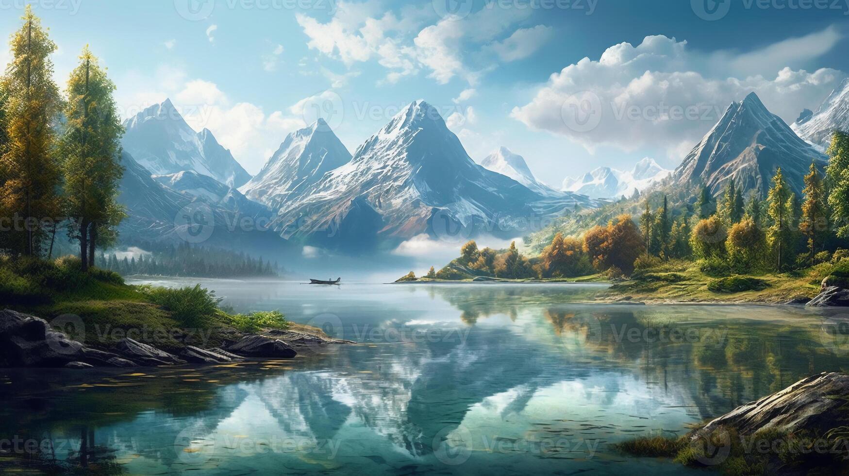 Lake with mountains and trees. photo
