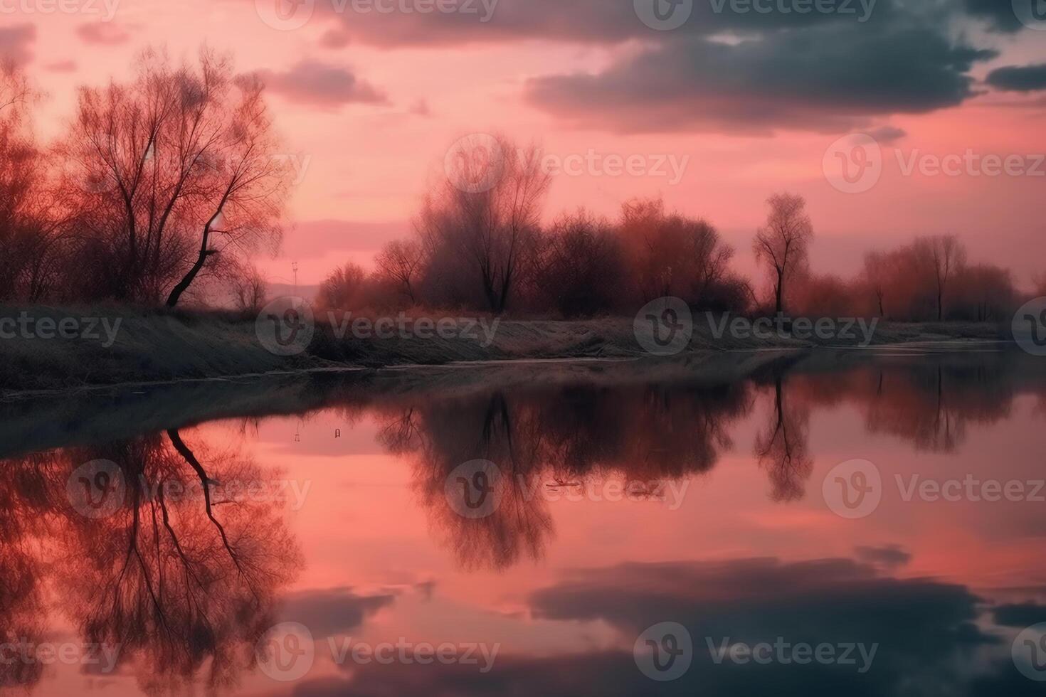 A scene in which the entire pink sky is reflected in the water. photo