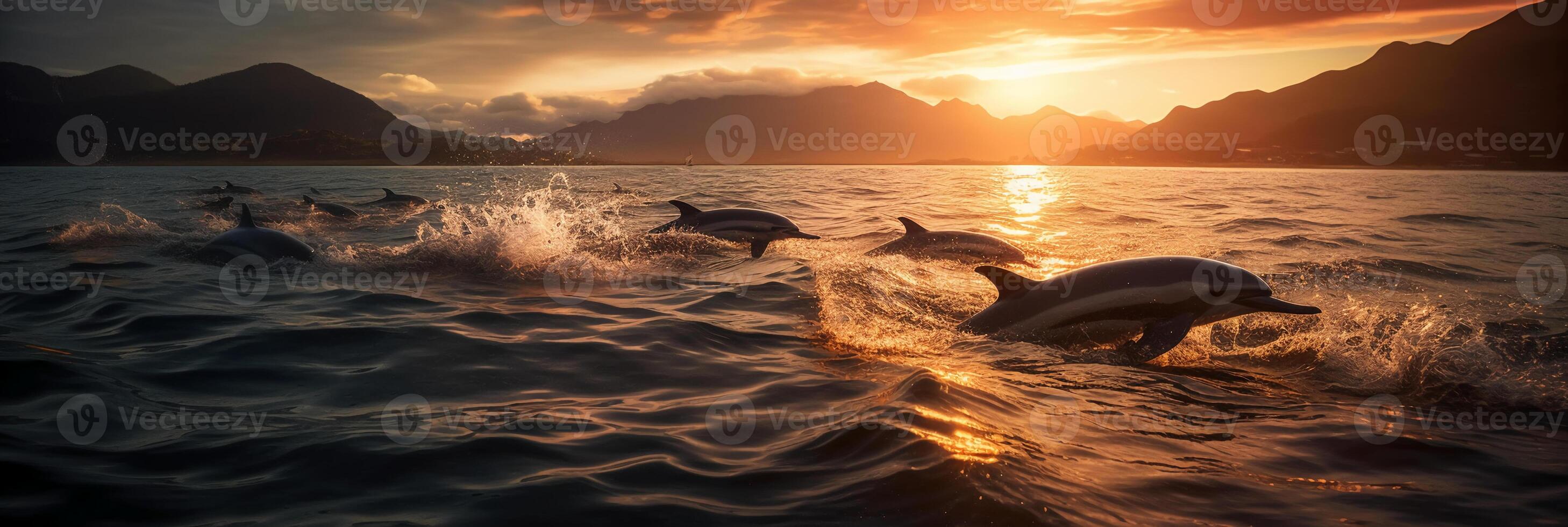 angle shot of a pod of dolphins leaping out of the water in unison with the backdrop of majestic mountains and a vibrant sunset. photo