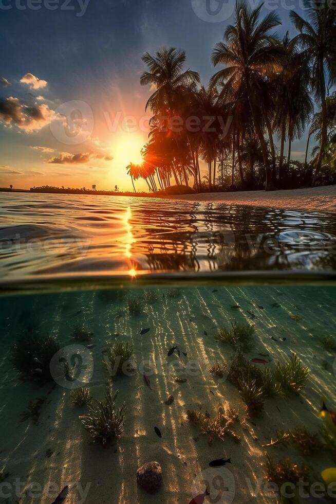 fotografía de hermosa atractivo playa escena con puesta de sol cielo. ai generativo foto