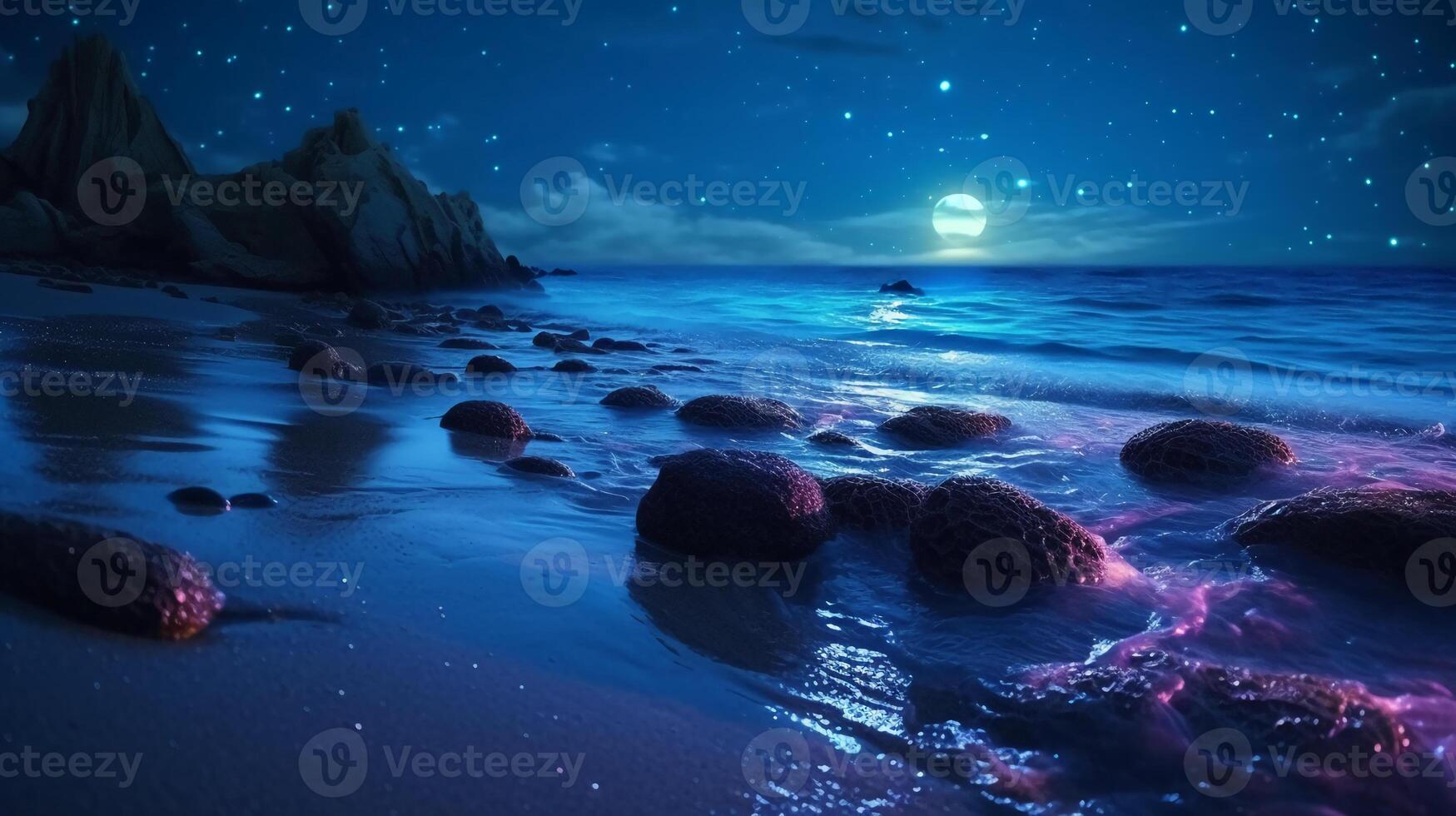 Ocean shore at night, the water is full of dinoflagellates, glowing with millions bright blue neon glow in the dark tiny dots. photo
