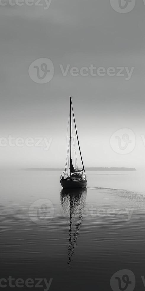 white image of a lone sailboat on a calm sea, photo
