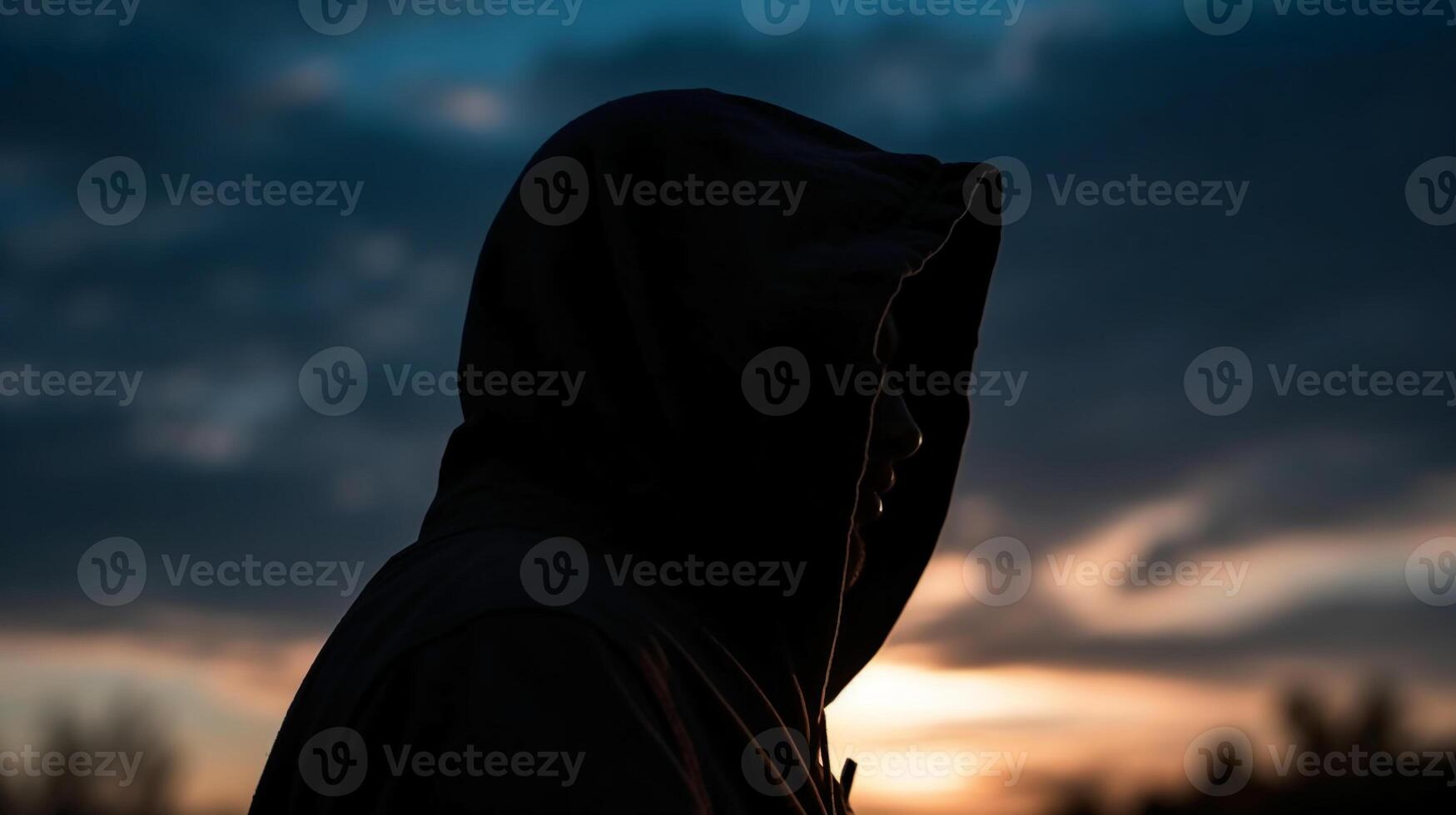 Side view, Silhouette of the face, a person, low angle, blurred fresh dawn sky. photo