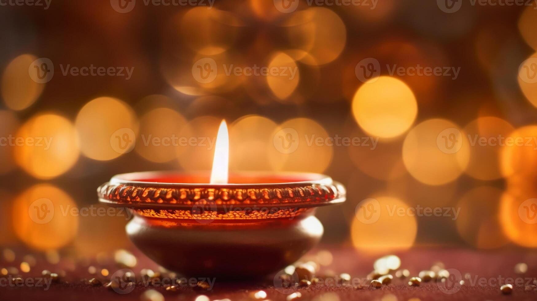 A Diya oil lamp, Diwali concept, blurred Hindu festival of lights celebration background. photo