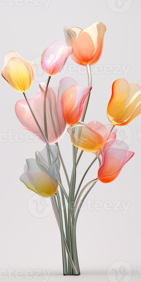 Glass texture, flower stems, petals, tulip flowers, white background, clean and transparent. photo