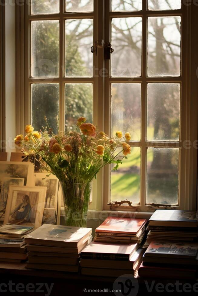 A photo of photobooks next to a big window.