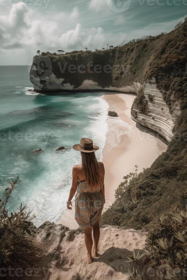 Standing woman wearing summer yellow look, Best Beaches. AI generative photo