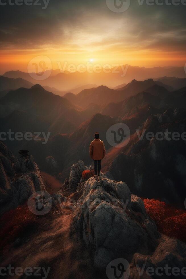 a man is standing on a mountain. photo