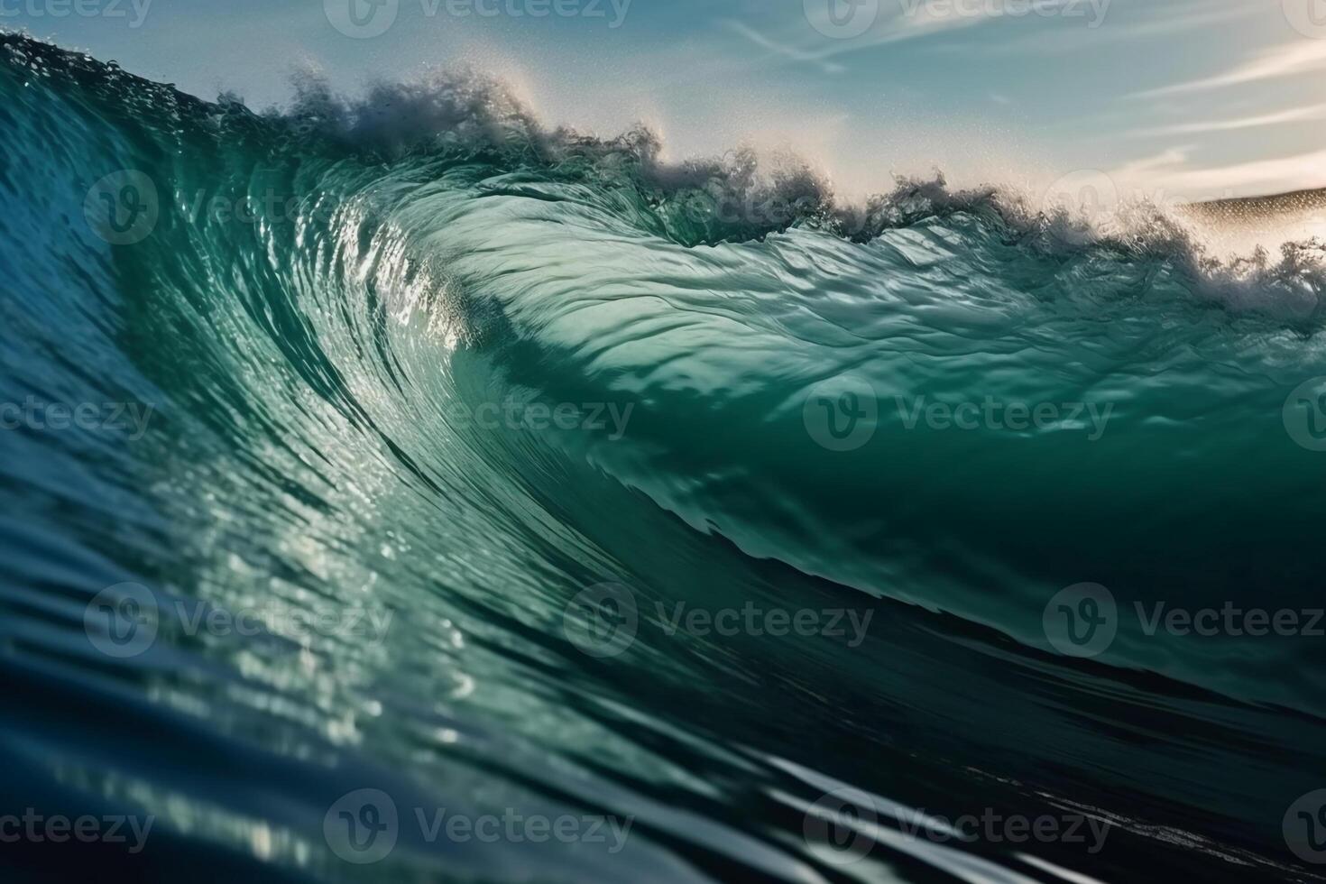 Tropical blue surfing wave. Sunshine in the wave barrel. No people. Beautiful deep blue tube wave in the Ocean. photo