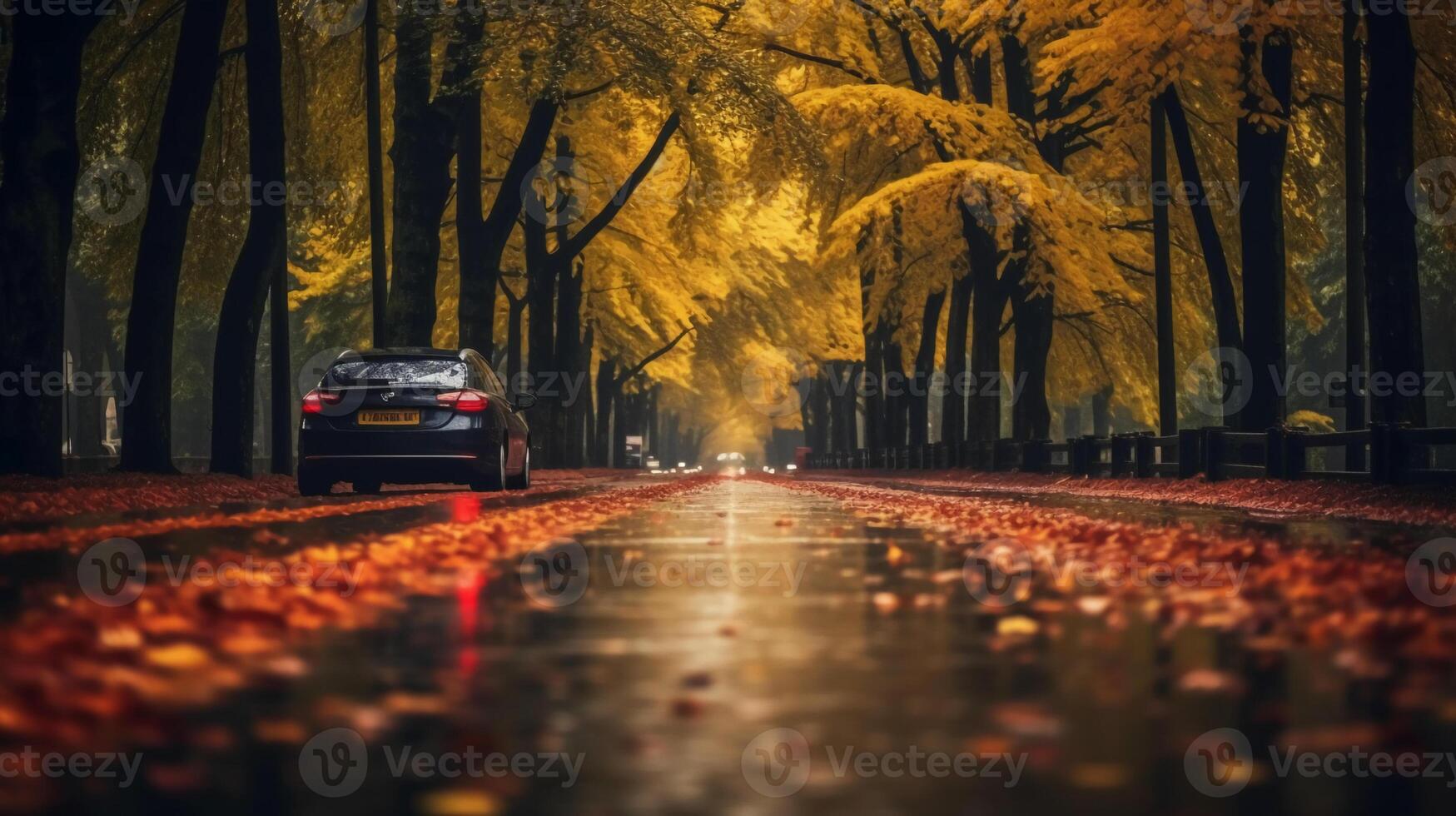 a beautiful long road in autumn season is lined with trees bearing colorful leaves. photo