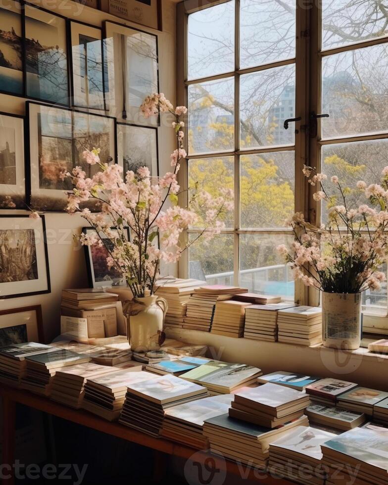 A photo of photobooks next to a big window.