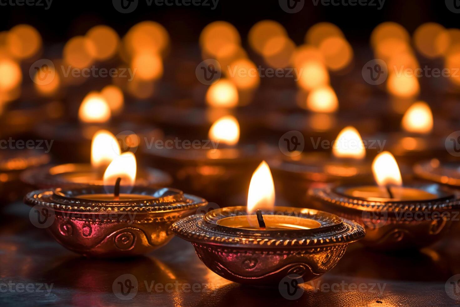 A Diya oil lamp, Diwali concept, blurred Hindu festival of lights celebration background. photo