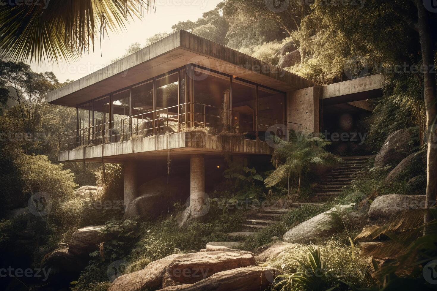 inspired new house in the brasilian jungle, brutalist, waterfalls, concrete, late in the day, sunshine through trees, view from parking towards glass patio, wide shot. photo