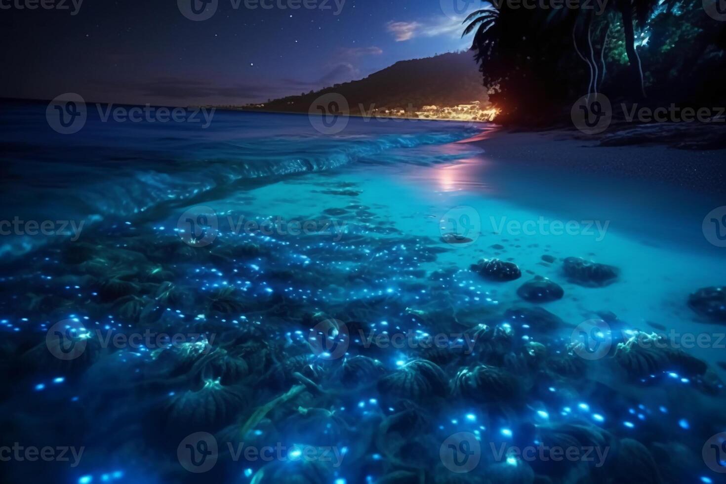 Ocean shore at night, the water is full of dinoflagellates, glowing with millions bright blue neon glow in the dark tiny dots. photo