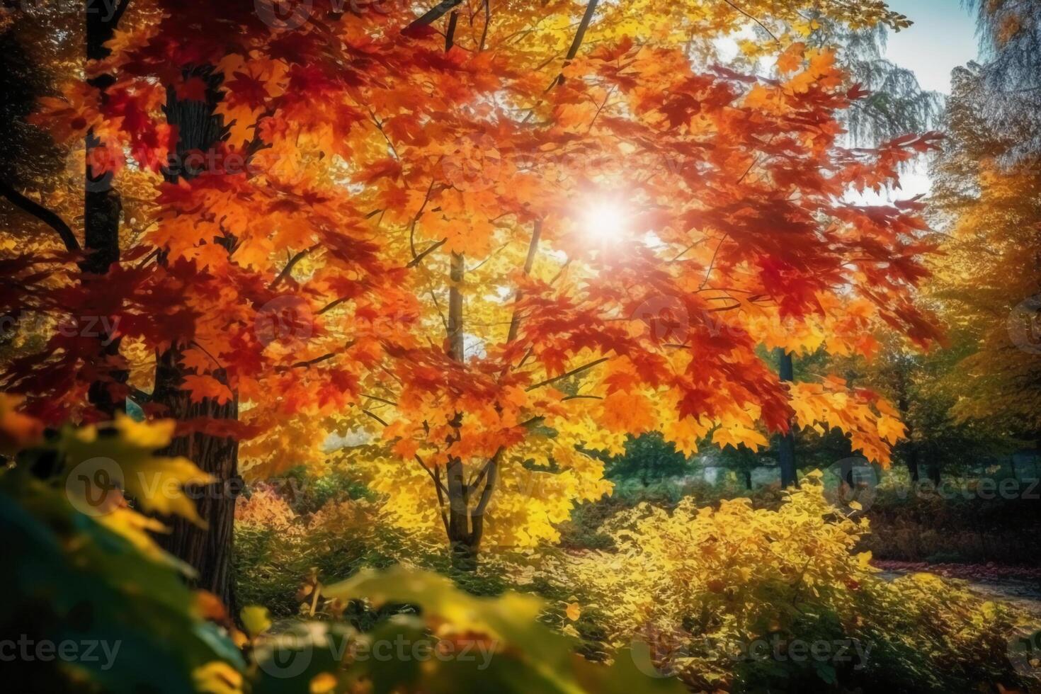 Autumn floral panoramic background. Colorful yellow and red maple foliage on a sunny day holy light. Autumnal Park. photo