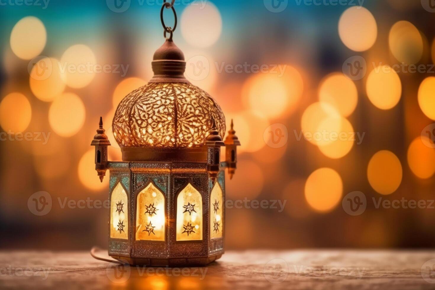 original tradicional florido oriental linterna con hermosa bokeh de fiesta luces y mezquita en antecedentes. ai generativo foto