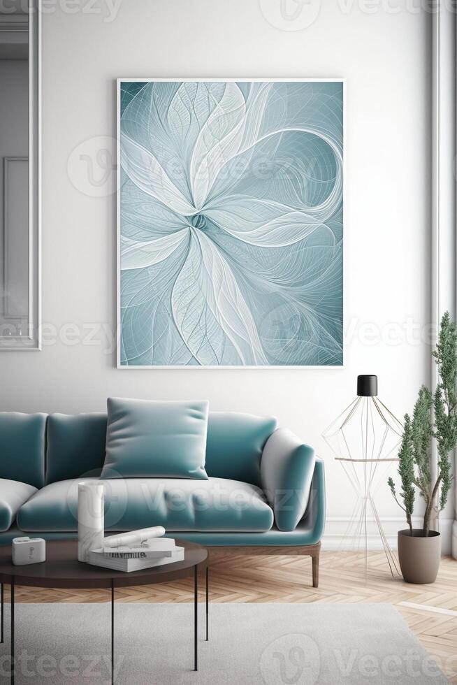 Light Blue and White Fractal Canvas Print, Abstract Line Art, Printable Wall Art, Minimalist Poster. photo