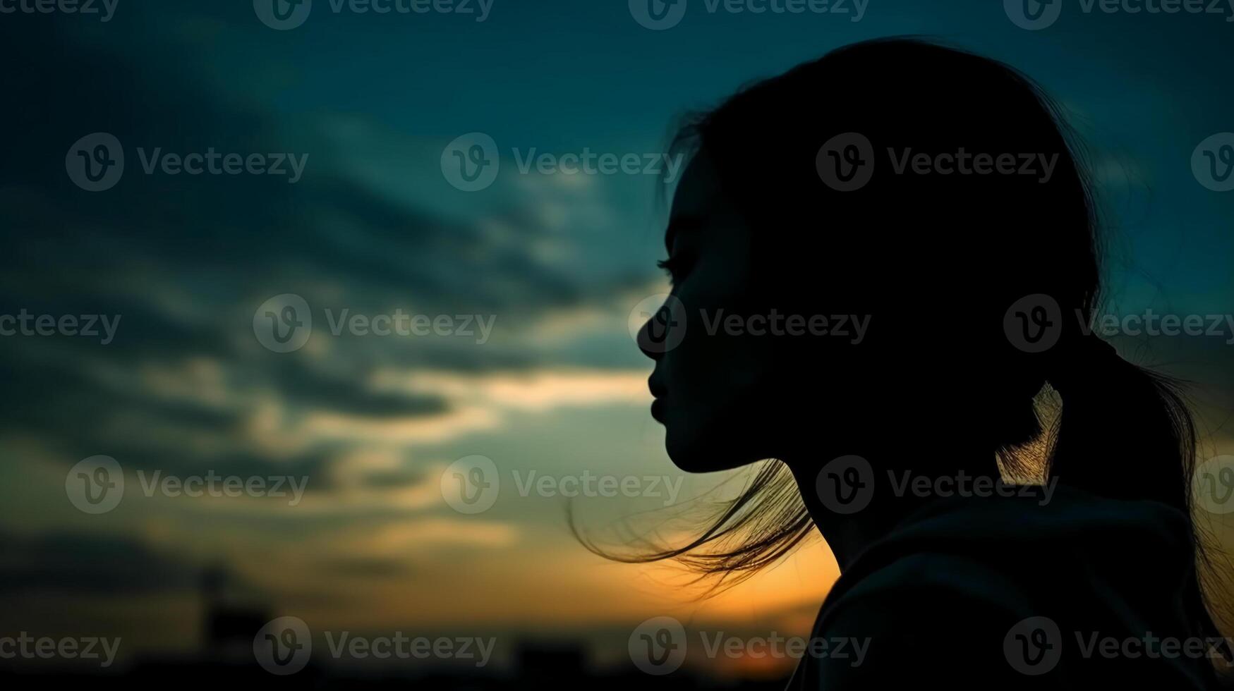 Side view, Silhouette of the face, a person, low angle, blurred fresh dawn sky. photo