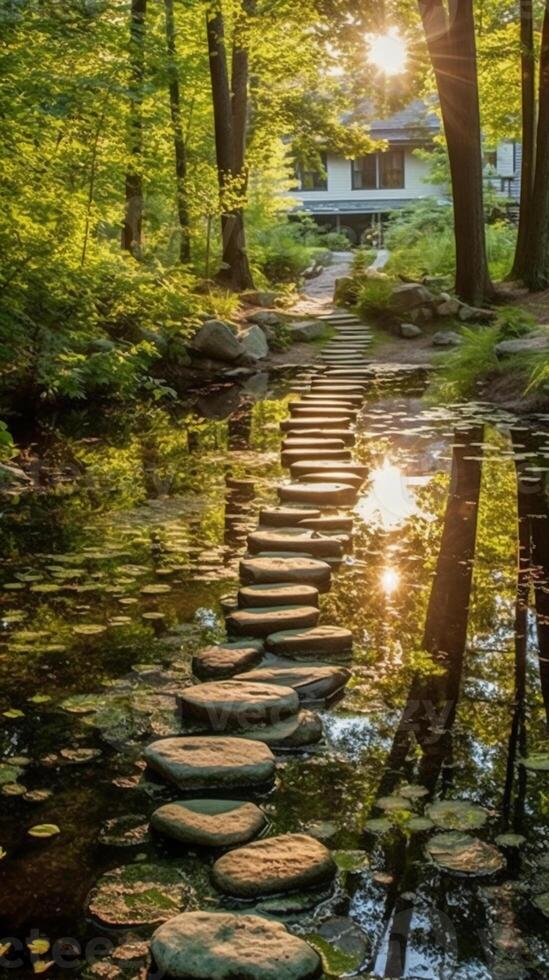 Luminous granite stepping stones leading to cottage in middle of pond. photo