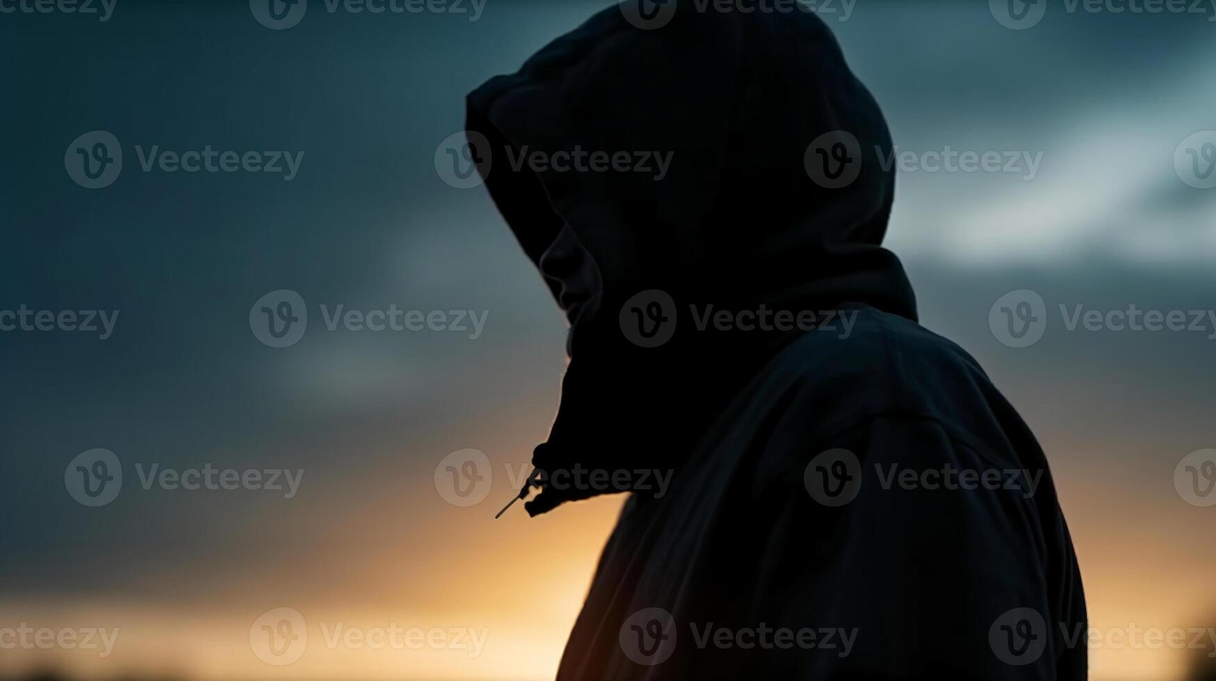 Side view, Silhouette of the face, a person, low angle, blurred fresh dawn sky. photo