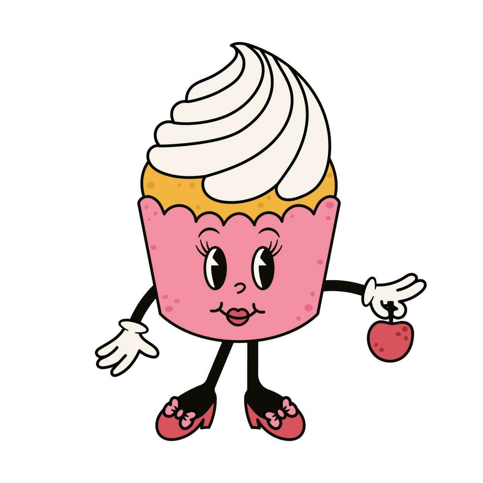 Groovy cupcake character with cherry. Cute retro muffin mascot. Cartoon isolated vector illustration.